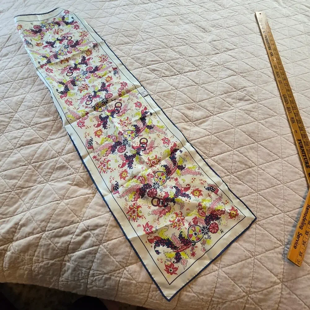 Vintage 80s June Critchfield Silk Rectangle Scarf Floral Navy Pink DAR Museum